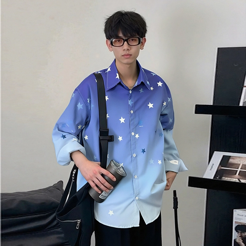 永言 志龙夏季蓝色星星印花衬衣翻领渐变休闲时尚宽松长袖衬衫外套 男女同款