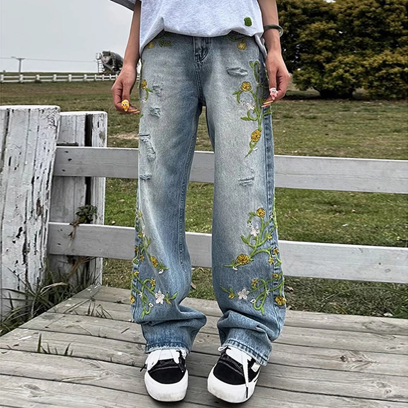 永言 水洗做旧潮流小众美式直筒时尚舒适百搭简约长裤牛仔裤 男女同款