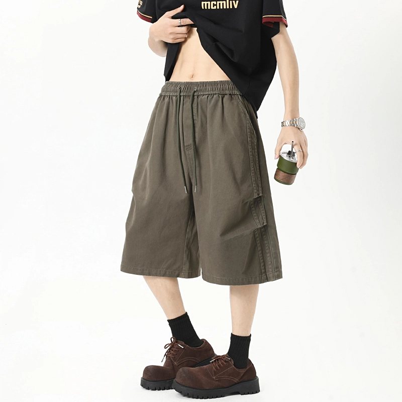永言 美式潮牌工装五分男夏设计感复古拼接裤子高街直筒阔腿中裤休闲短裤 男女同款