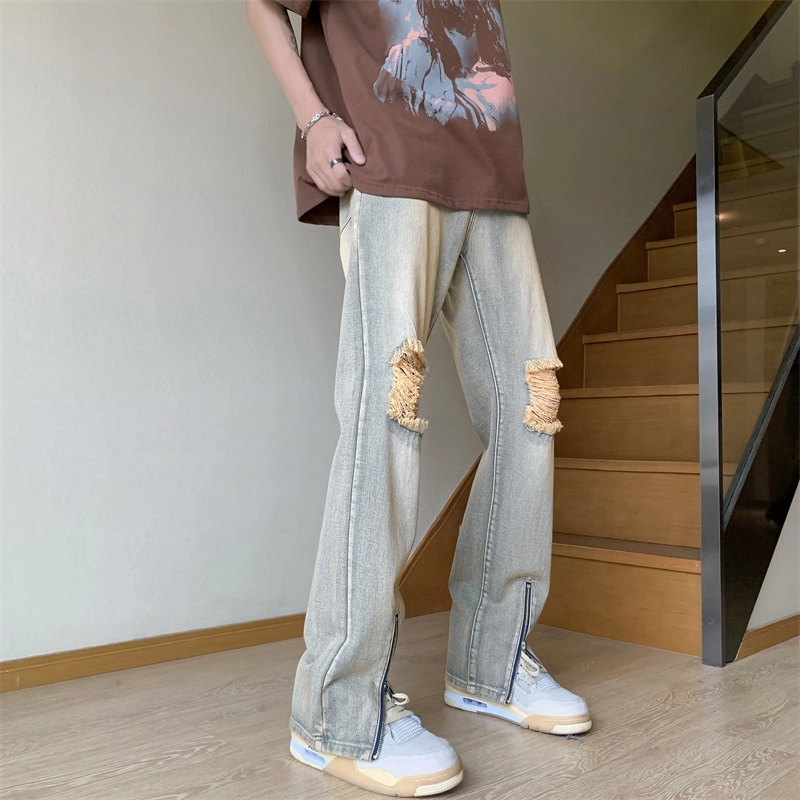 永言 破洞裤子男夏季薄款垂感长裤修身牛仔裤 男女同款