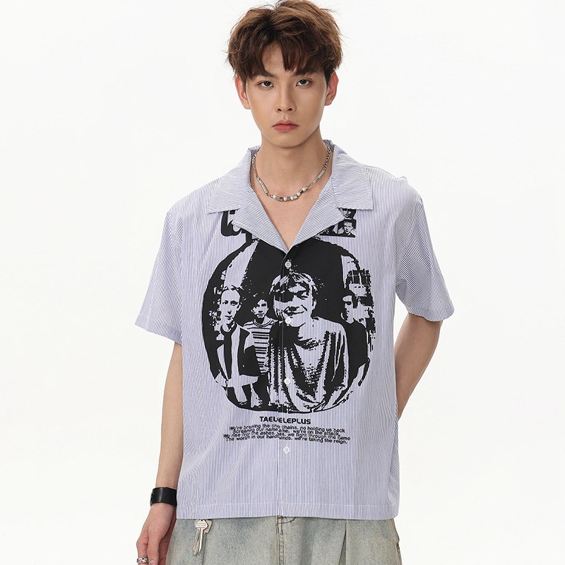 永言 美式潮牌小众复古痞帅人像印花条纹开衫上衣夏季短袖衬衫 男女同款