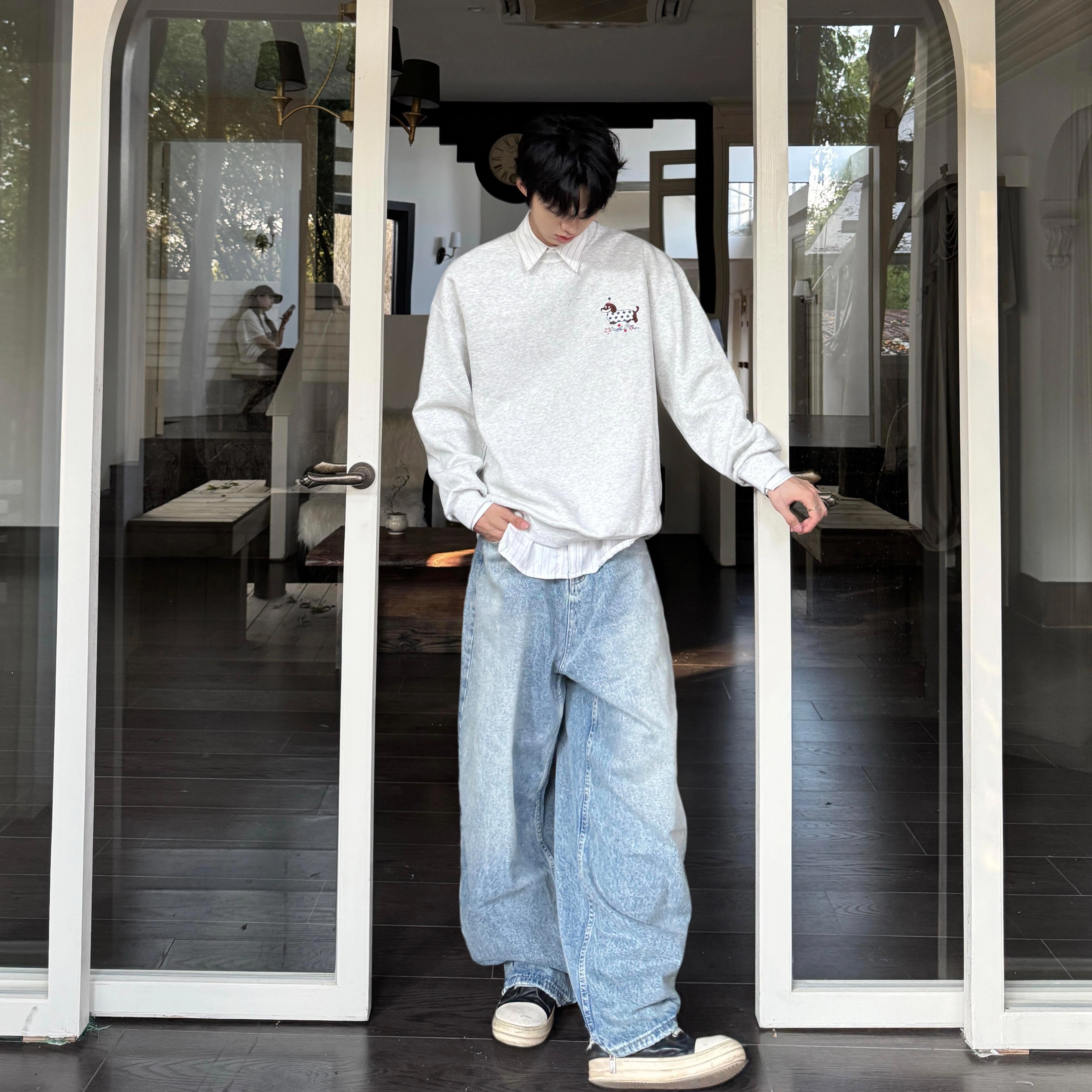 永言 秋冬季狗狗情侣套头刺绣上衣潮流百搭美式腊肠狗宽松圆领卫衣 男女同款