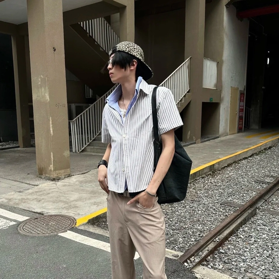冈哉 韩版潮流个性百搭垂感时尚竖条纹简约舒适基础款短袖袖痞帅衬衣慵懒感外套上衣宽松翻领纽扣衬衫 男女同款