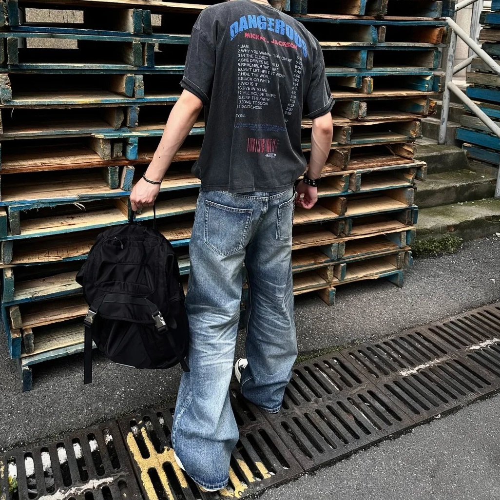 冈哉 美式复古高街潮流潮牌小众猫爪痕闪电纹设计个性水洗阔腿做旧弯刀百搭痞帅垂感宽松直筒日常通勤牛仔裤 男女同款