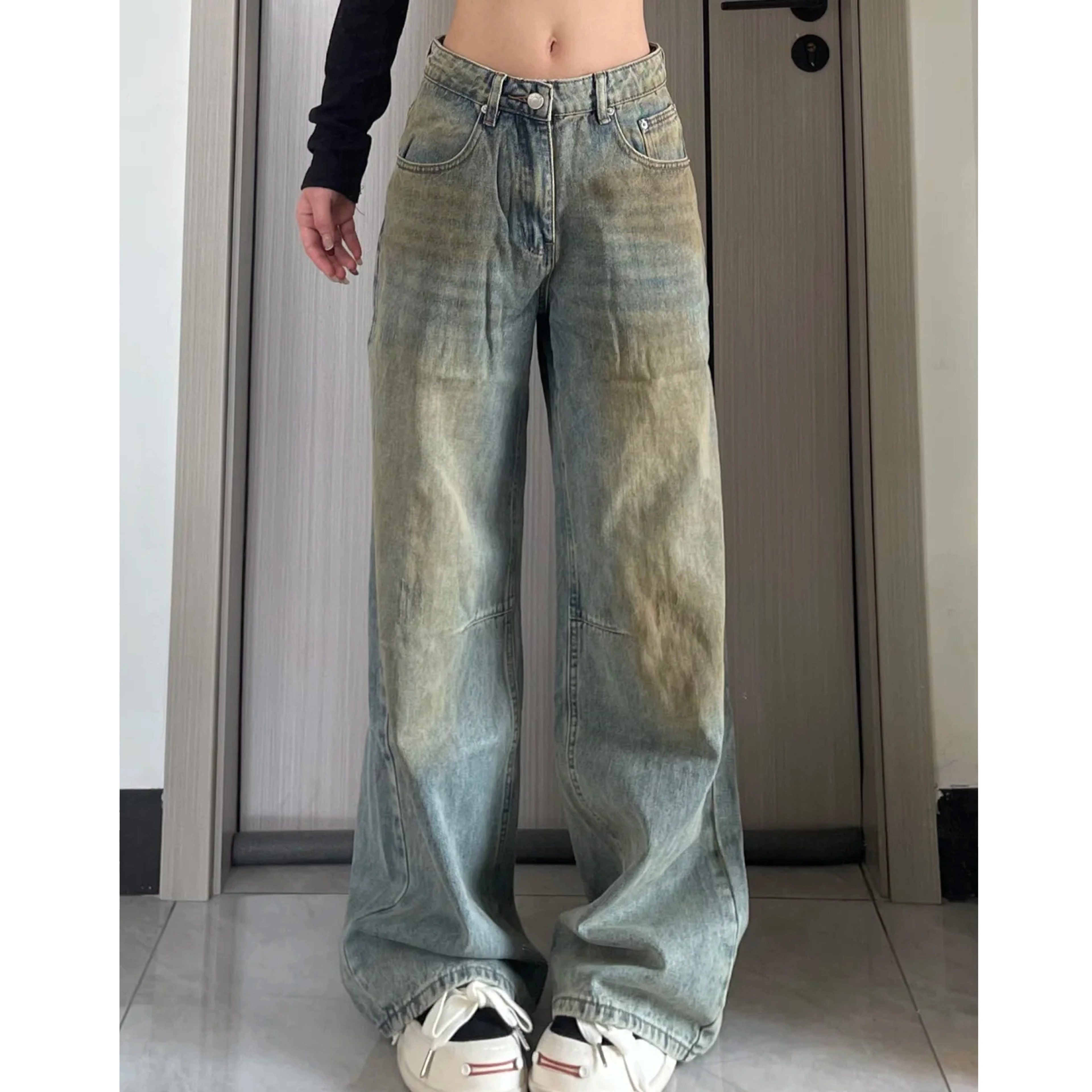 冈哉 美式复古水洗做旧渐变明辑线脏脏裤时尚个性潮流帅气街头宽松拖地长裤牛仔裤 男女同款