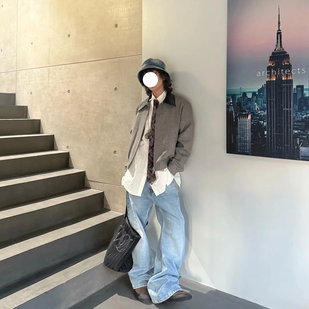 冈哉 美式复古高街潮流潮牌小众设计个性水洗阔腿做旧弯刀百搭痞帅垂感宽松直筒日常通勤牛仔裤 男女同款