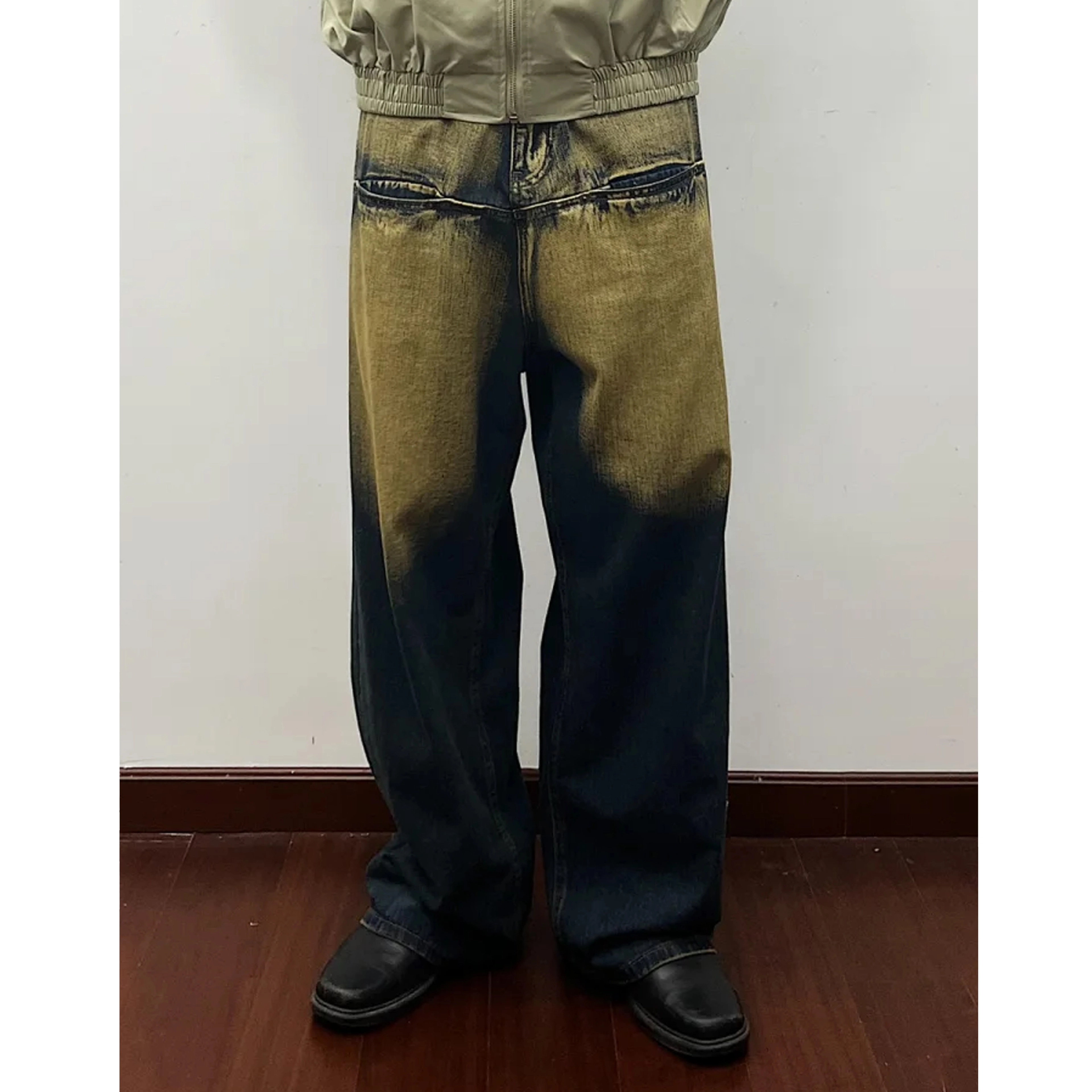 冈哉 美式复古渐变解构分割拼接水洗做旧设计时尚百搭潮流休闲日常通勤痞帅嘻哈街头直筒阔腿牛仔裤 男女同款