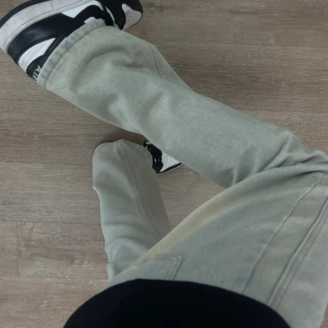 冈哉 美式复古高街潮流潮牌小众设计个性做旧水洗阔腿弯刀百搭痞帅垂感宽松直筒日常通勤城市牛仔裤 男女同款