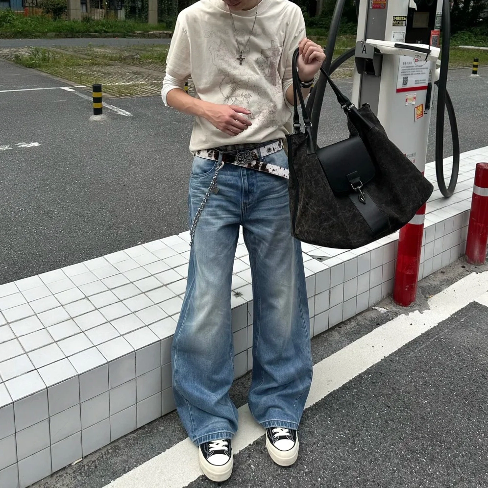 冈哉 美式复古高街潮流潮牌小众猫爪痕纹路设计个性水洗阔腿做旧弯刀百搭痞帅垂感宽松直筒日常通勤牛仔裤 男女同款