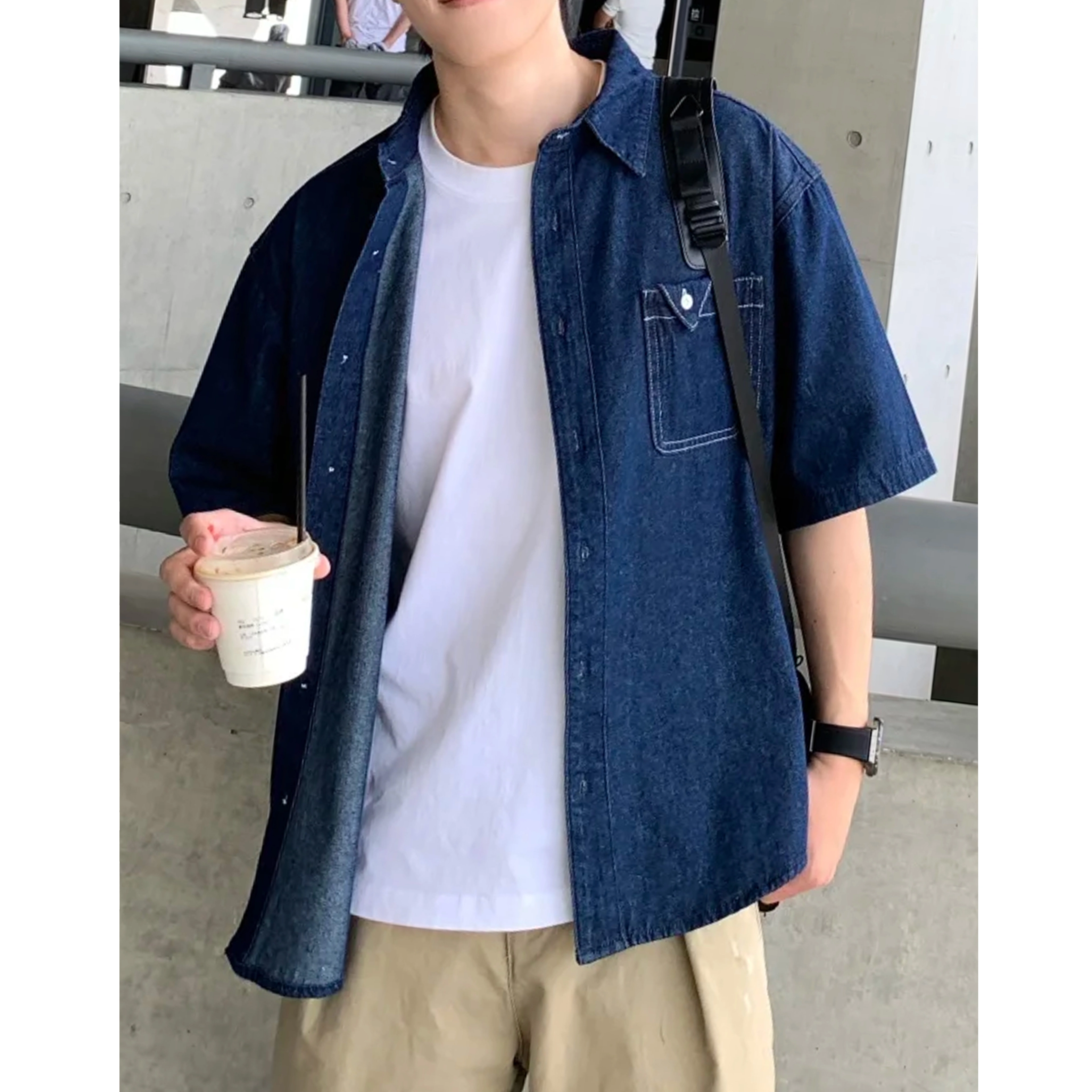 冈哉 美式复古翻领盘扣牛仔衬衣纯色基础款拼接口袋工装设计水洗做旧五分袖时尚潮流舒适柔软宽松百搭短袖衬衫 男女同款