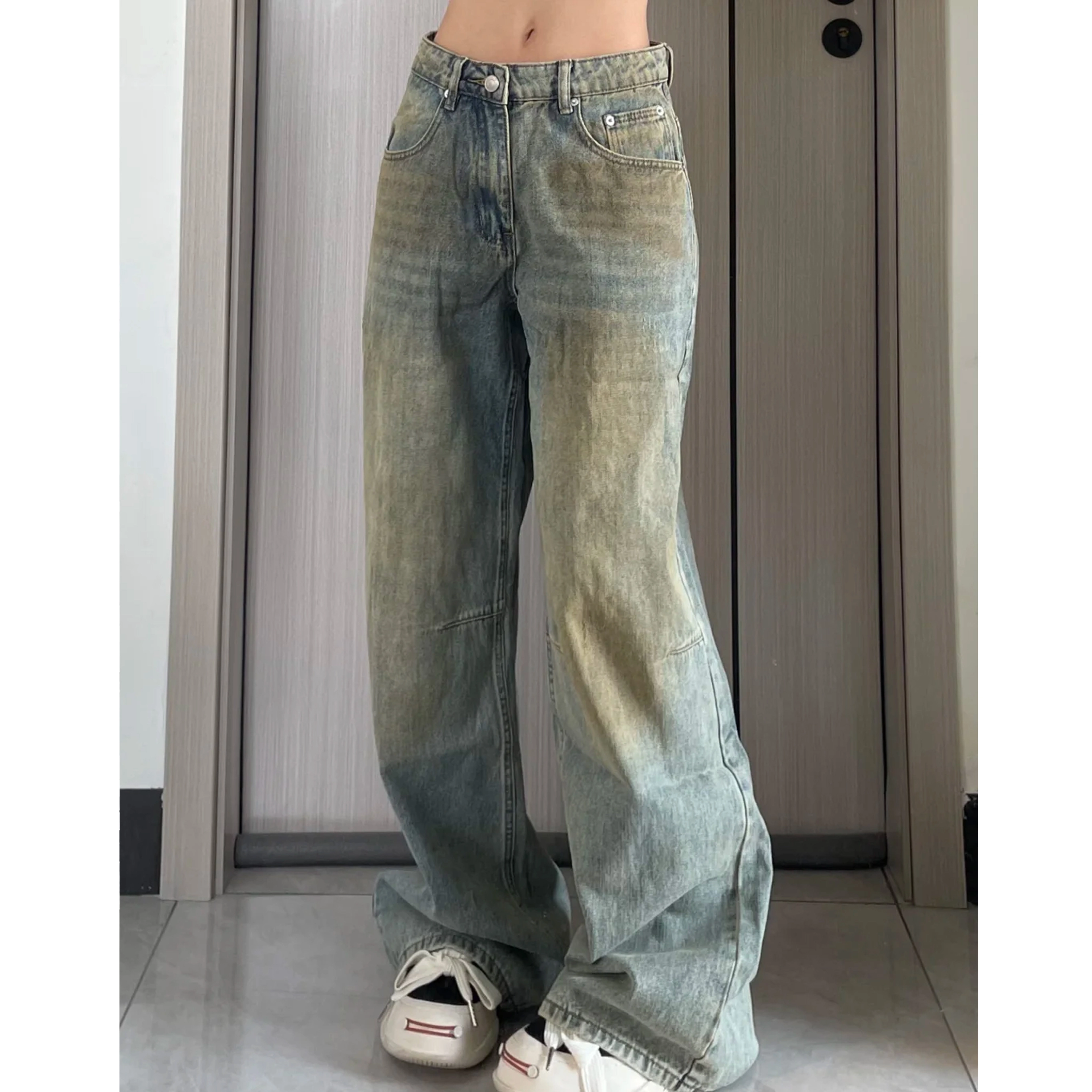 冈哉 美式复古水洗做旧渐变明辑线脏脏裤时尚个性潮流帅气街头宽松拖地长裤牛仔裤 男女同款