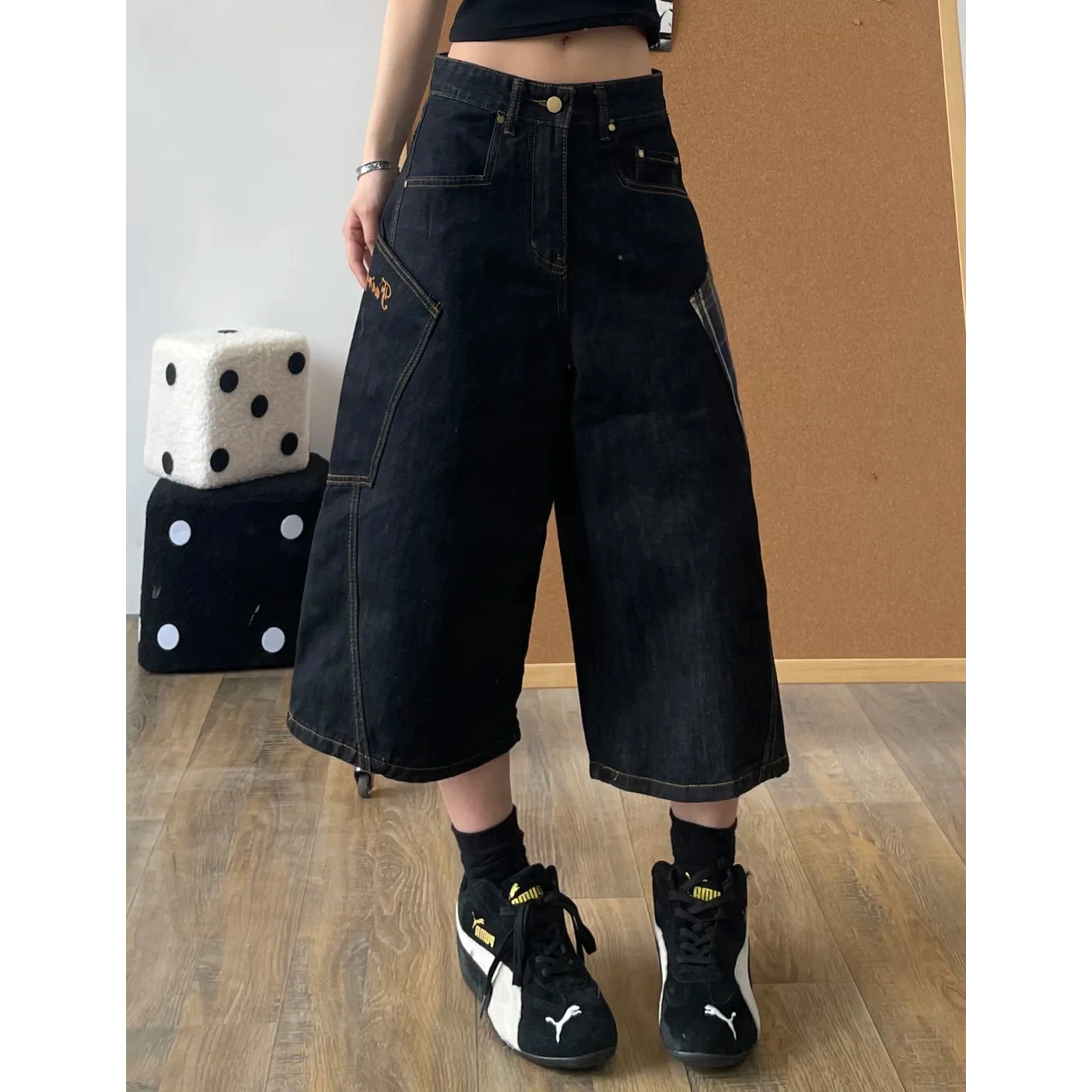 冈哉 美式复古街头撞色格子大口袋解构拼接刺绣设计潮牌宽松阔腿休闲百搭直筒牛仔短裤 男女同款
