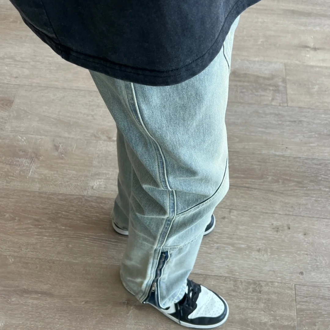 冈哉 美式复古高街潮流潮牌小众裤脚可调节拉链设计个性做旧水洗阔腿弯刀微喇百搭痞帅垂感宽松直筒日常通勤城市牛仔裤 男女同款