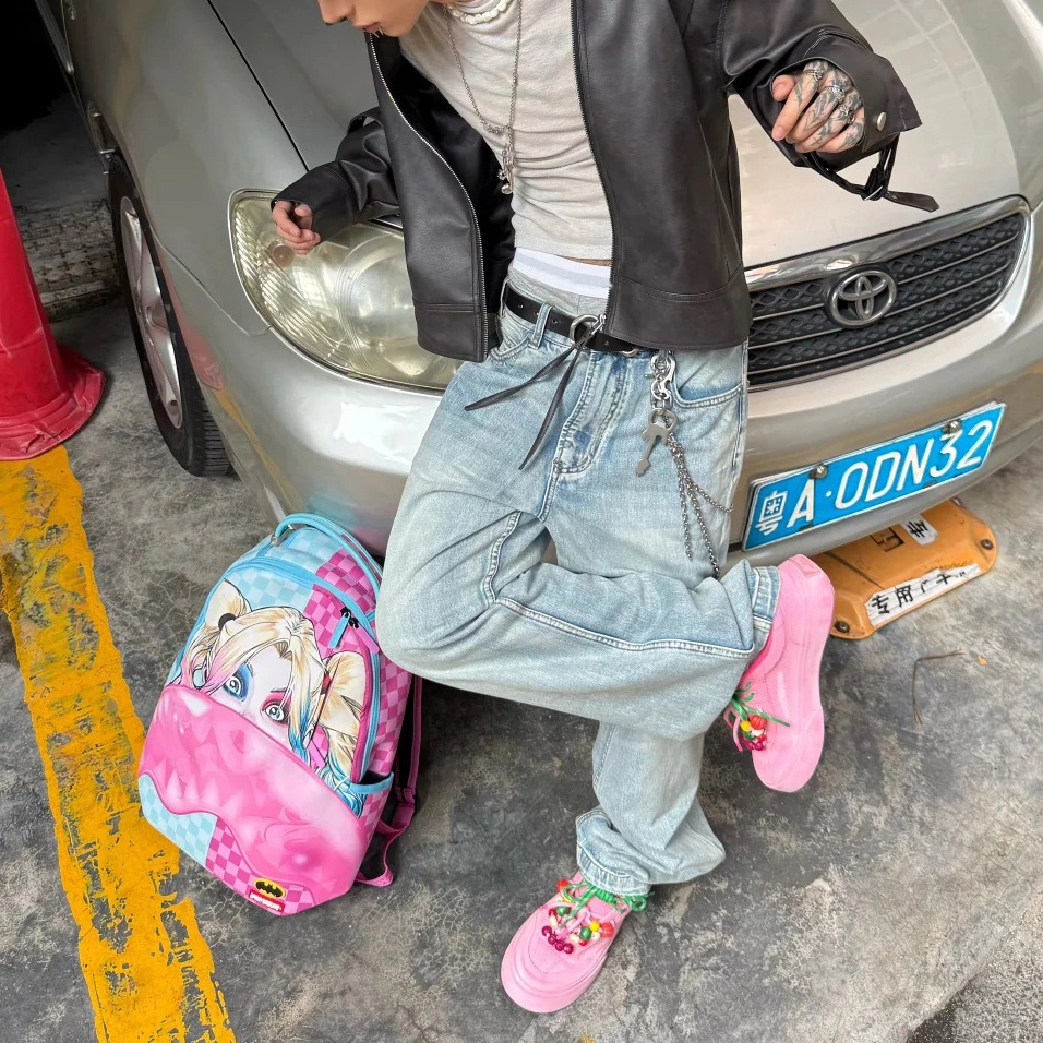 冈哉 美式高街潮流潮牌小众设计个性水洗阔腿复古做旧弯刀百搭痞帅垂感宽松直筒日常通勤牛仔裤 男女同款