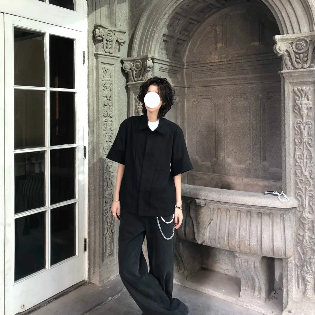 冈哉 休闲个性百搭垂感时尚简约纯色盐系舒适基础款短袖痞帅衬衣慵懒风空调外套上衣宽松翻领纽扣衬衫 男女同款
