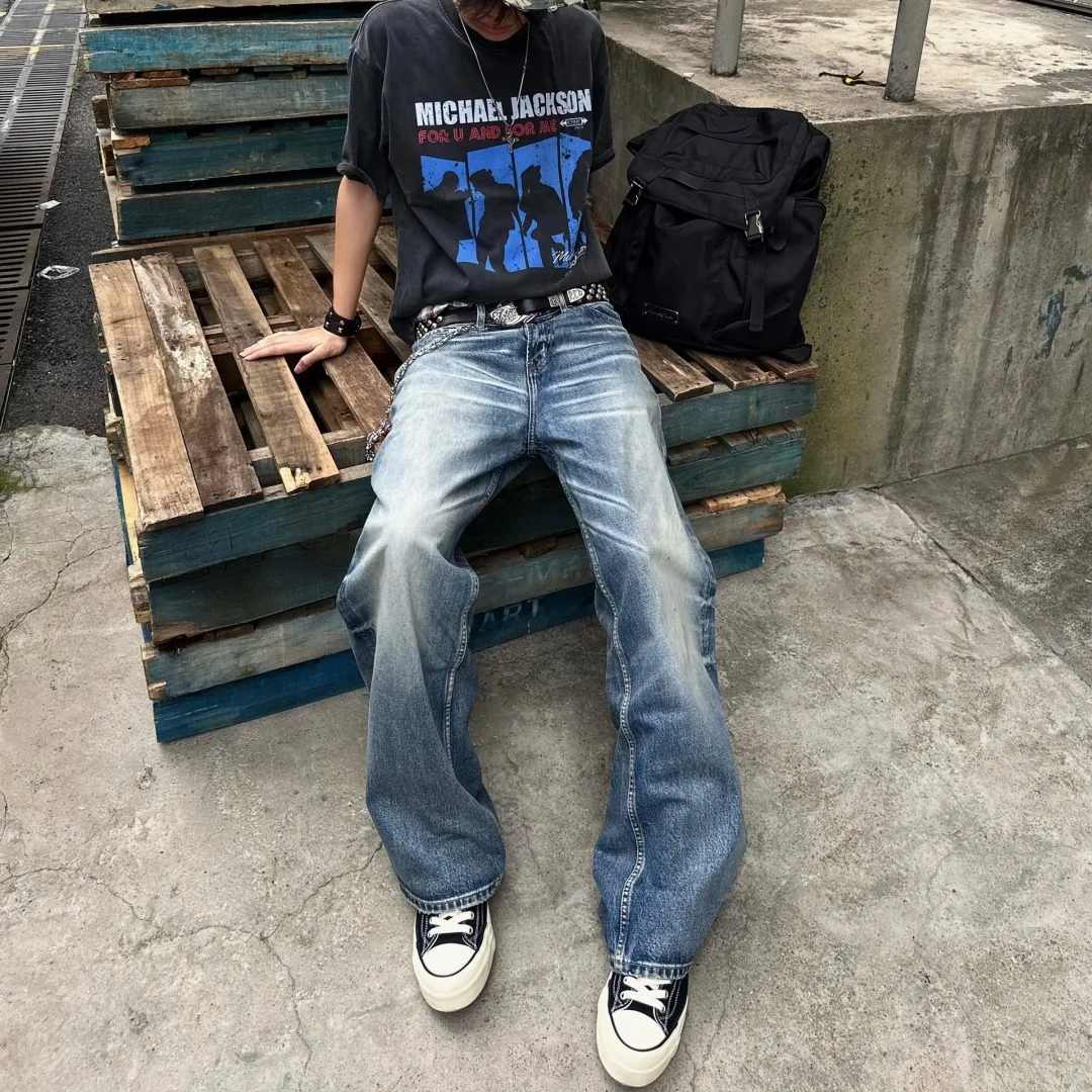 冈哉 美式复古高街潮流潮牌小众猫爪痕闪电纹设计个性水洗阔腿做旧弯刀百搭痞帅垂感宽松直筒日常通勤牛仔裤 男女同款