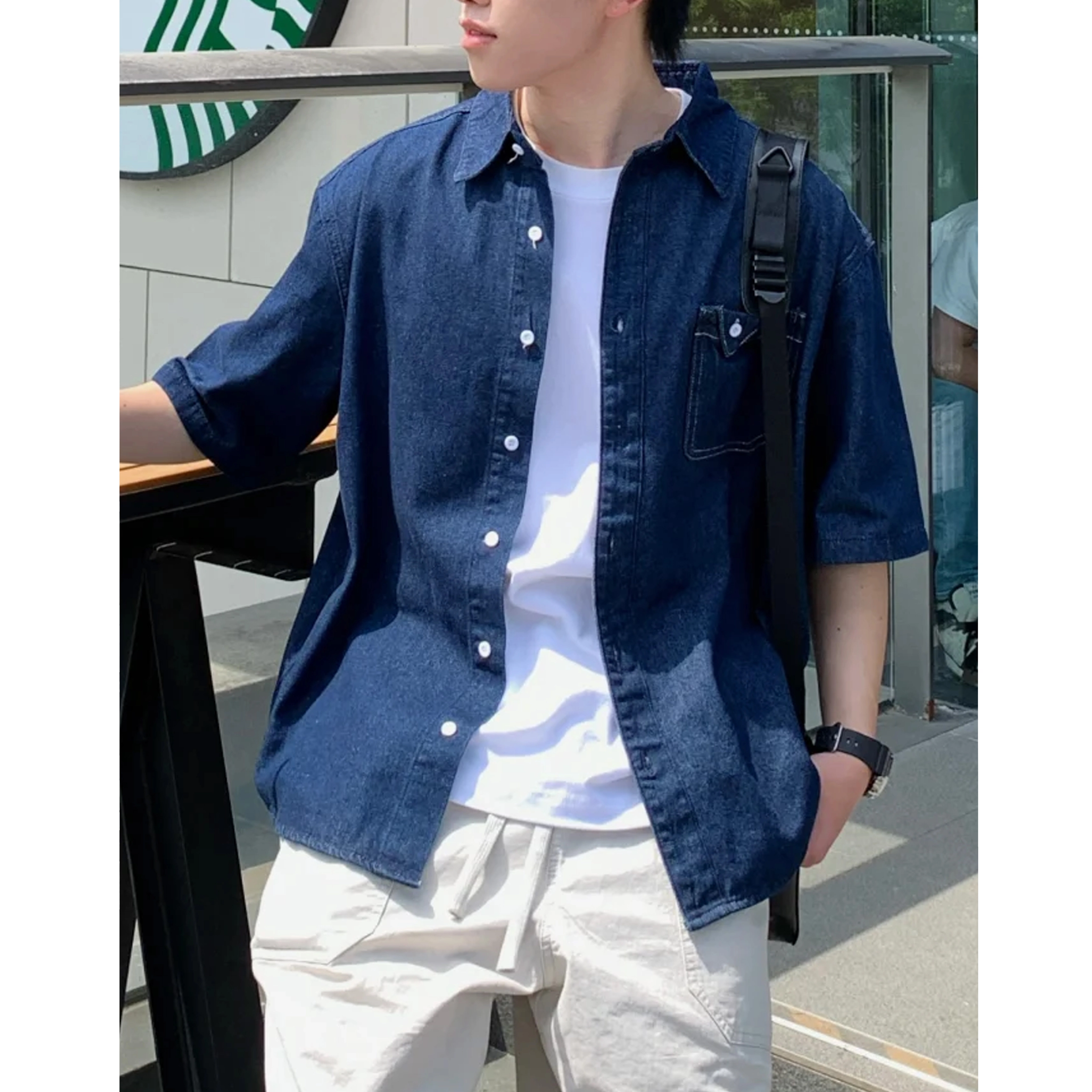 冈哉 美式复古翻领盘扣牛仔衬衣纯色基础款拼接口袋工装设计水洗做旧五分袖时尚潮流舒适柔软宽松百搭短袖衬衫 男女同款
