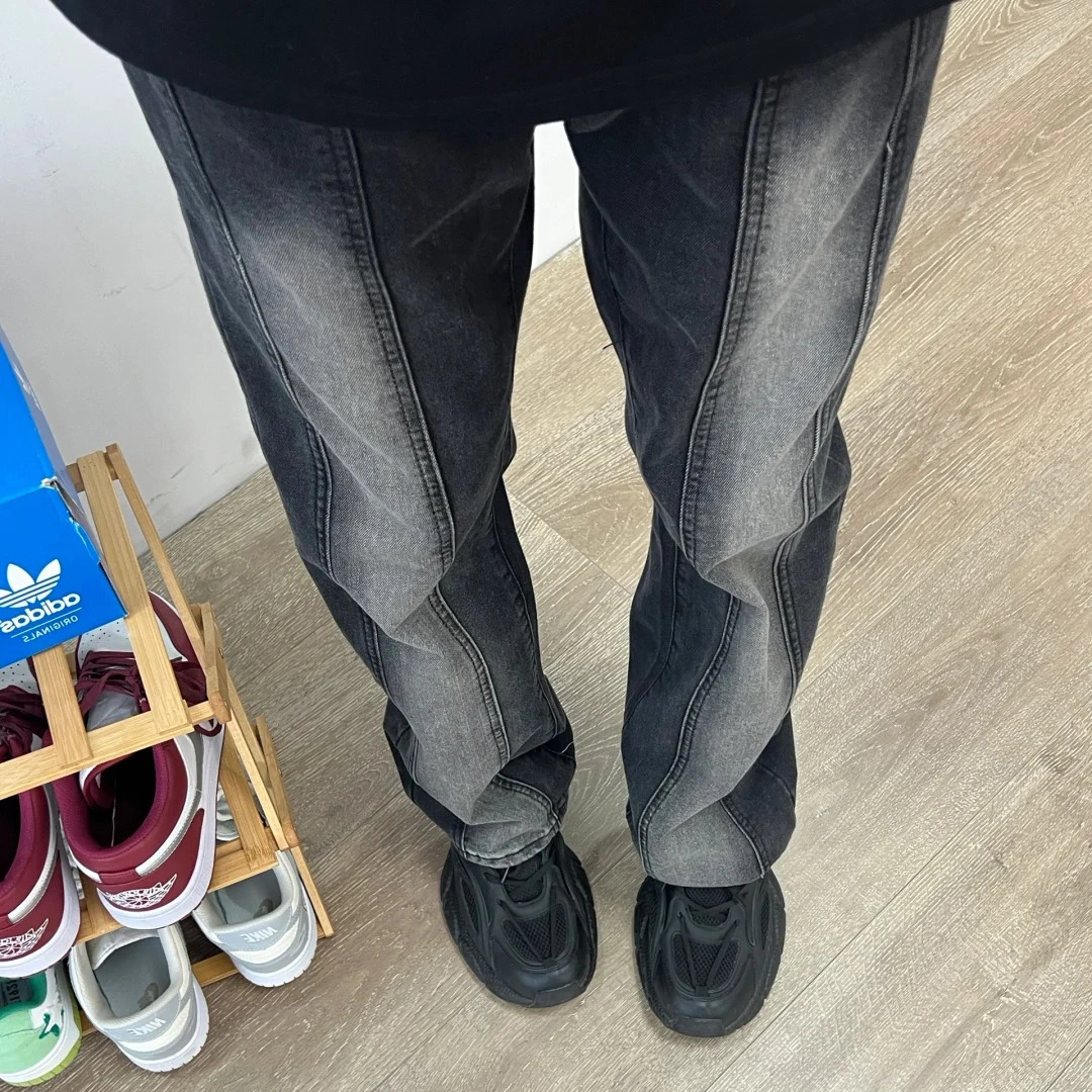 冈哉 美式复古高街潮流潮牌小众明线设计个性做旧水洗阔腿弯刀微喇百搭痞帅垂感宽松直筒日常通勤城市 牛仔裤 男女同款