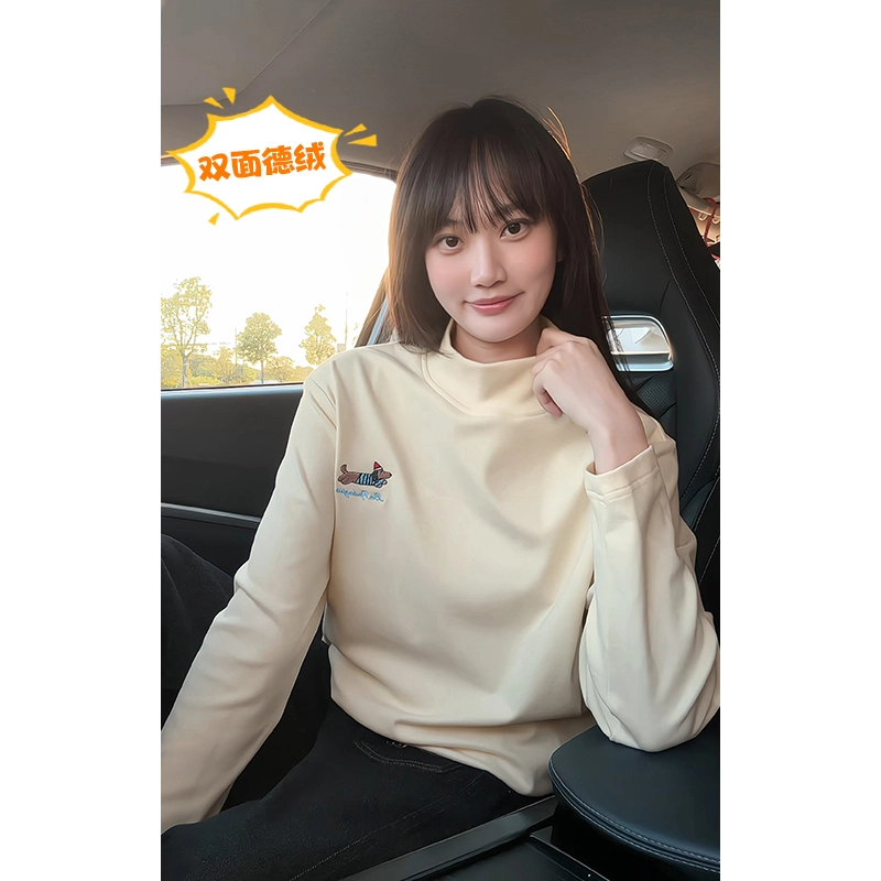 尘映 美式复古高街腊肠狗刺绣百搭打底衫简约基础款早秋圆领宽松休闲户外潮牌青少年学院风套头插肩长袖卫衣 男女同款