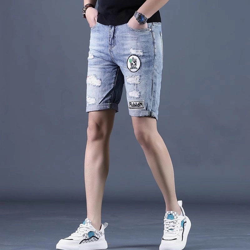 尘映 夏季薄款破洞五分马裤韩版潮弹力中裤子高端牛仔短裤 男女同款