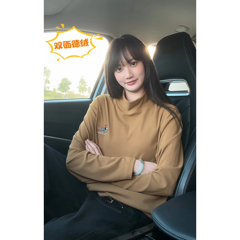 尘映 美式复古高街腊肠狗刺绣百搭打底衫简约基础款早秋圆领宽松休闲户外潮牌青少年学院风套头插肩长袖卫衣 男女同款