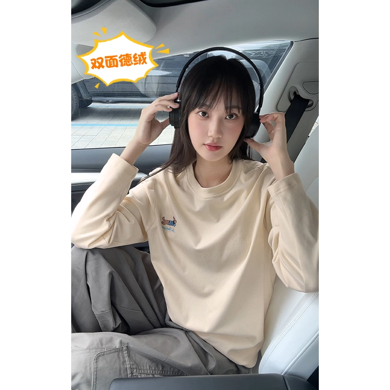 尘映 美式复古高街腊肠狗刺绣简约基础款早秋圆领宽松休闲打底衫户外潮牌百搭青少年学院风套头插肩长袖卫衣 男女同款