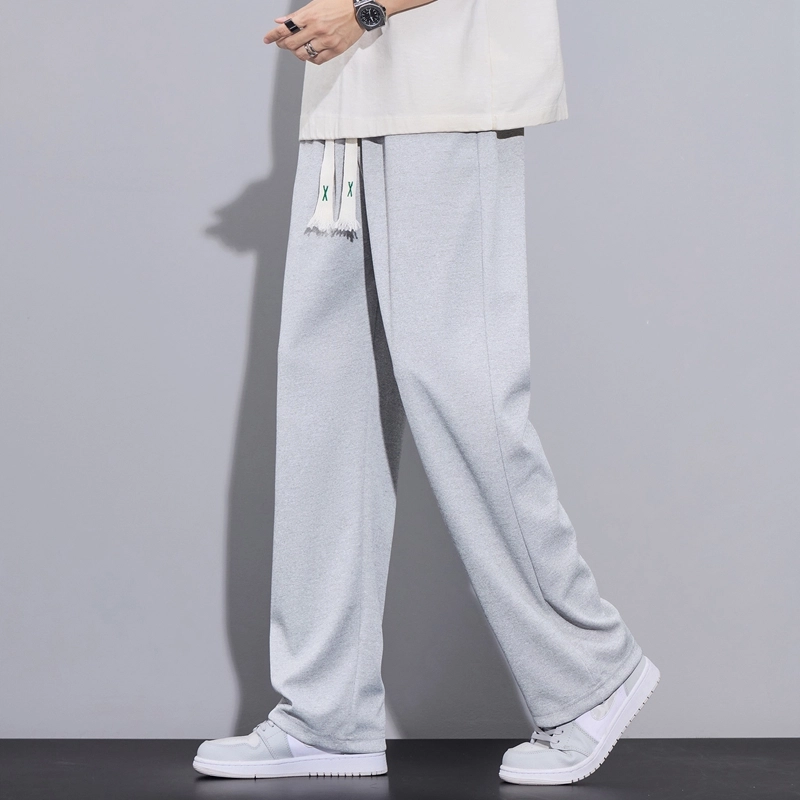 尘映 美式潮牌高街早秋校园穿搭微阔腿弹力抽绳显高百搭运动通勤长裤宽松纯色直筒裤子休闲裤 男女同款