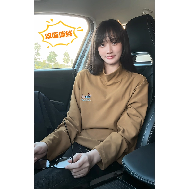 尘映 美式复古高街腊肠狗刺绣百搭打底衫简约基础款早秋圆领宽松休闲户外潮牌青少年学院风套头插肩长袖卫衣 男女同款