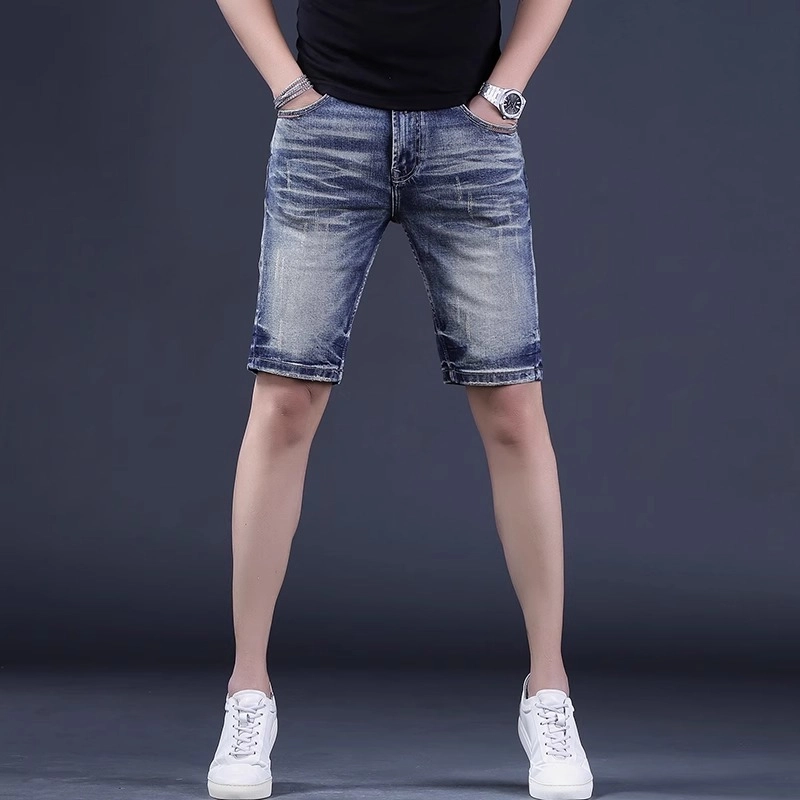 尘映 美式高端夏季男士修身潮流五分裤弹力破洞薄款中裤休闲直筒马裤男牛仔短裤 男款