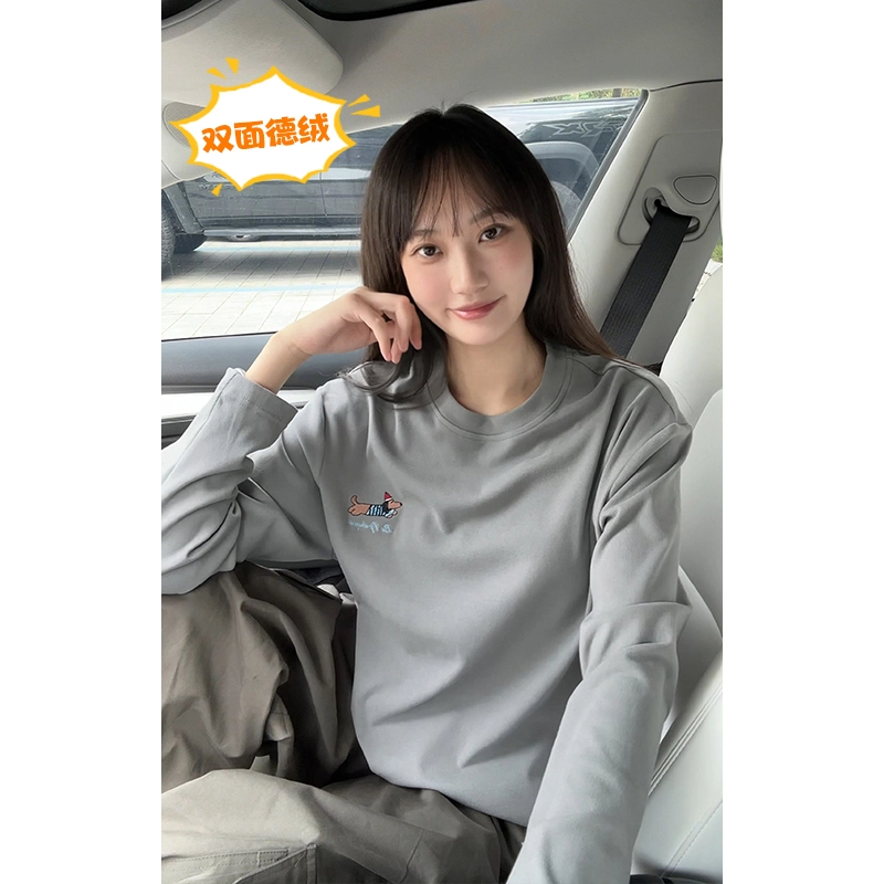 尘映 美式复古高街腊肠狗刺绣简约基础款早秋圆领宽松休闲打底衫户外潮牌百搭青少年学院风套头插肩长袖卫衣 男女同款