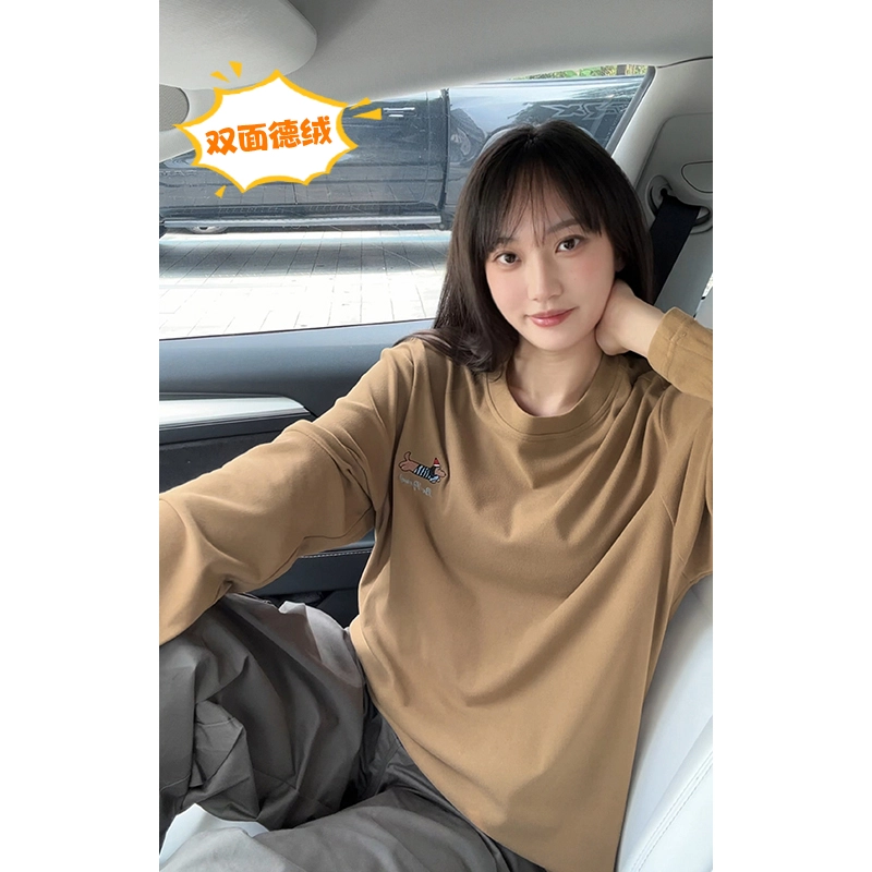 尘映 美式复古高街腊肠狗刺绣简约基础款早秋圆领宽松休闲打底衫户外潮牌百搭青少年学院风套头插肩长袖卫衣 男女同款
