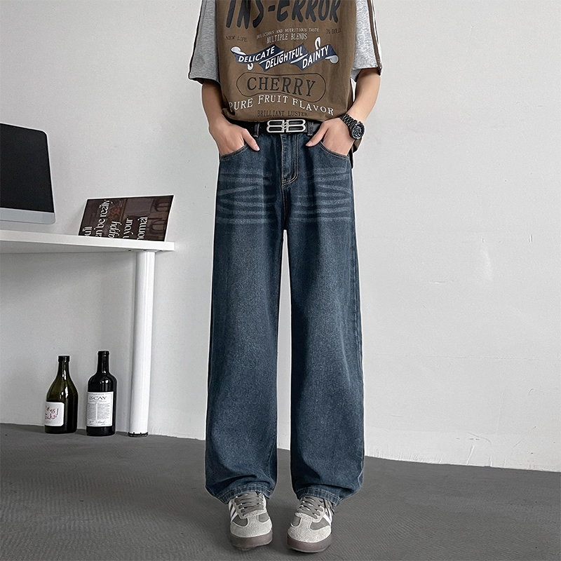 尘映 美式复古休闲潮流宽松直筒牛仔裤 男女同款 蓝色