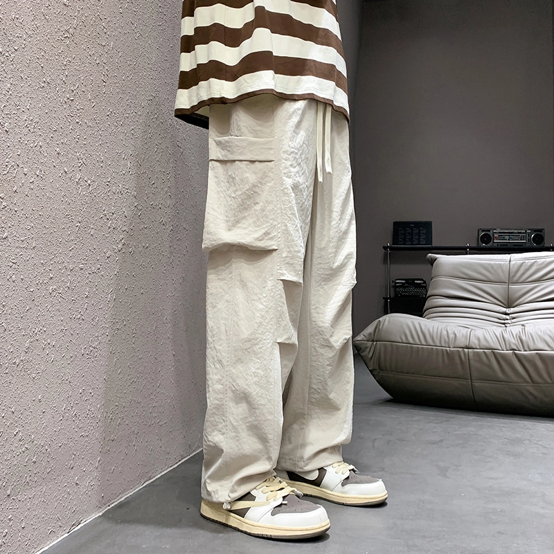 尘映 美式潮牌高街工装裤早秋校园穿搭微阔腿弹力抽绳显高百搭运动通勤长裤宽松纯色直筒裤子休闲裤 男女同款