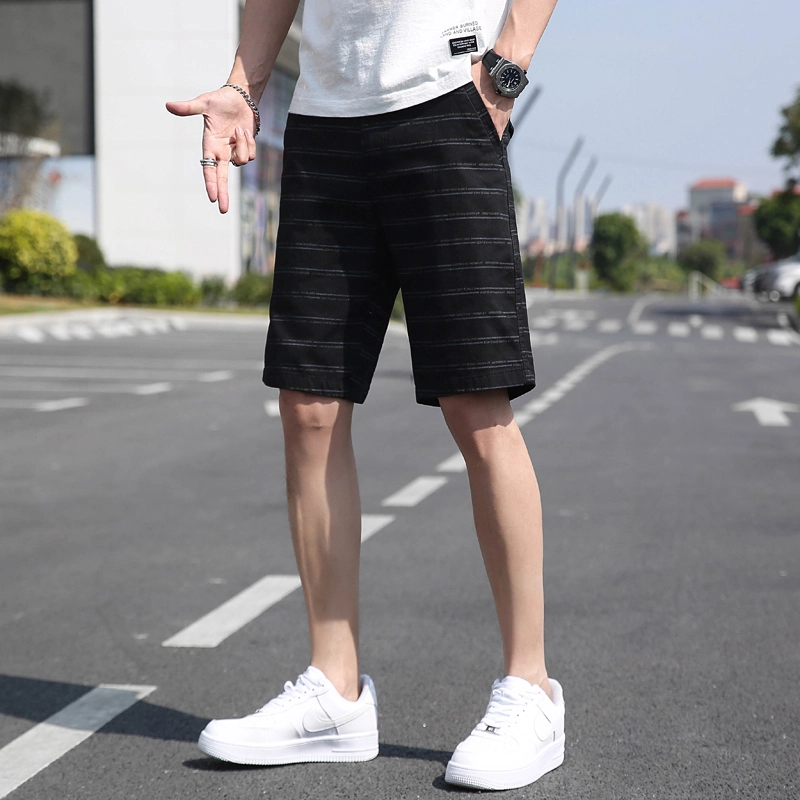 尘映 美式条纹纯棉百搭直筒夏季五分裤休闲短裤 男款
