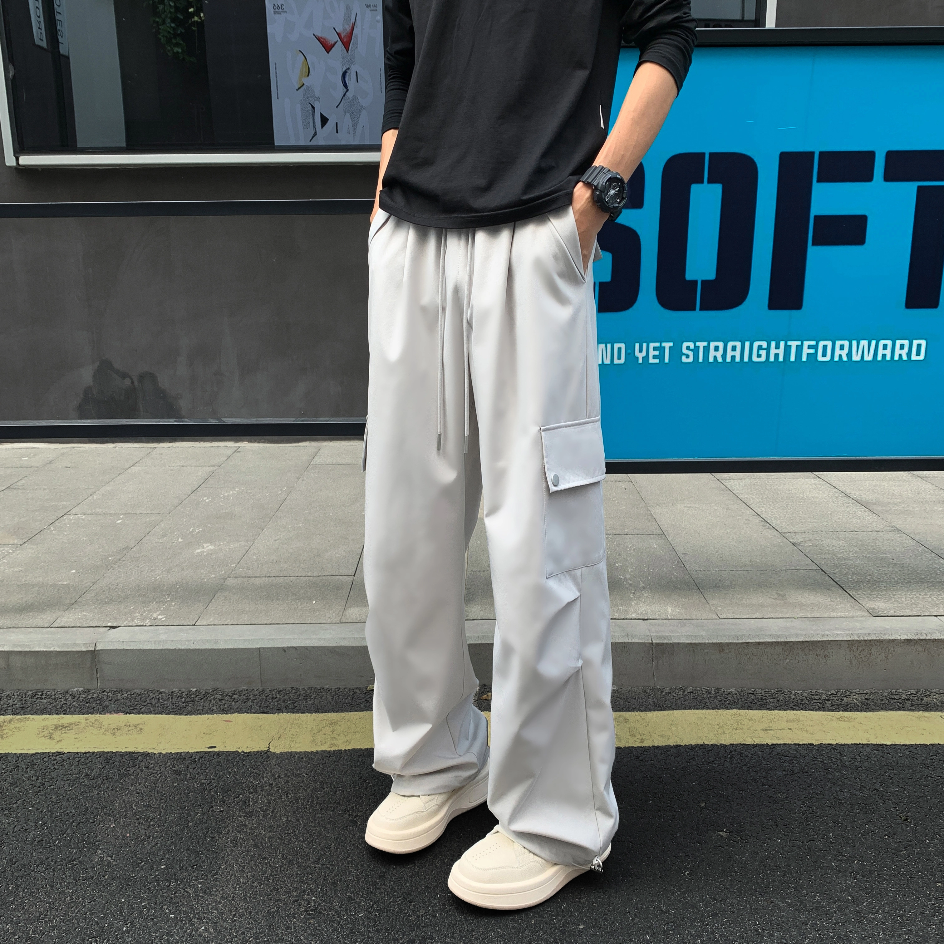 尘映 美式高街痞帅早秋常规防水伞兵裤校园穿搭直筒阔腿裤男宽松拖地裤无性别亲肤学院百搭通勤运动裤子休闲裤 男女同款