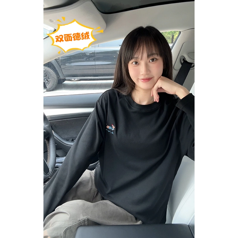 尘映 美式复古高街腊肠狗刺绣简约基础款早秋圆领宽松休闲打底衫户外潮牌百搭青少年学院风套头插肩长袖卫衣 男女同款