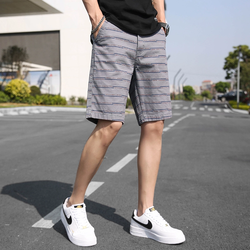 尘映 美式条纹纯棉百搭直筒夏季五分裤休闲短裤 男款