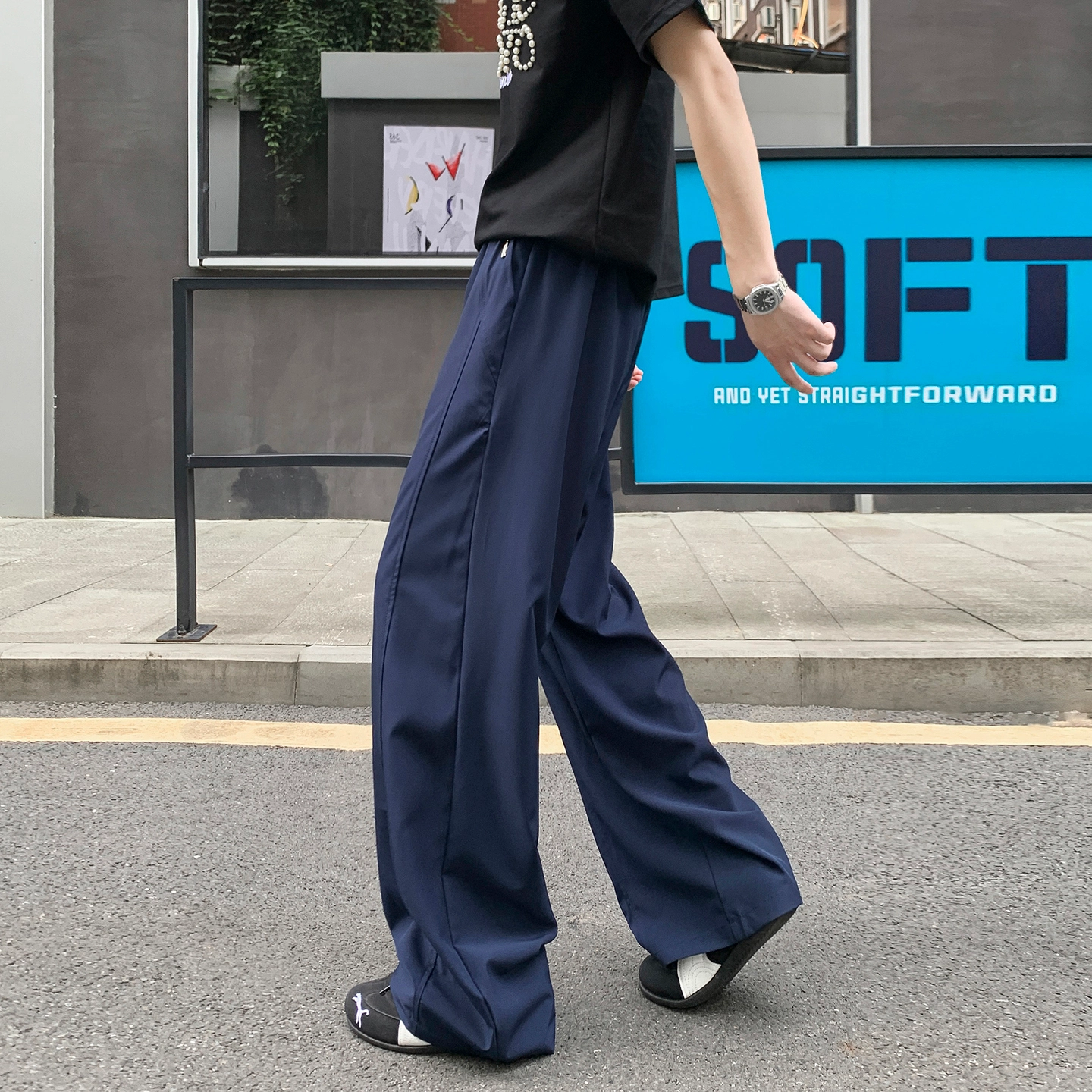 尘映 美式潮牌高街垂感情卡扣腰带百搭校园穿搭微阔腿抽绳显高运动通勤长裤宽松纯色直筒冰丝裤子休闲裤 男女同款