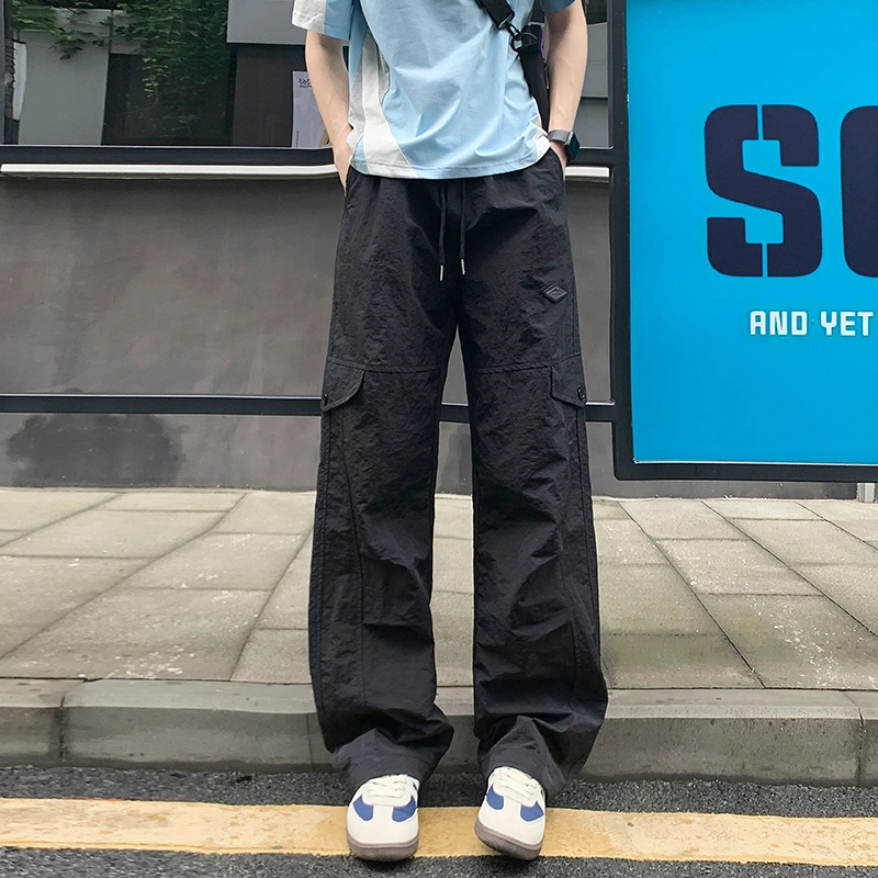 尘映 美式潮牌高街设计感防水速干男小众早秋校园穿搭微阔腿弹力抽绳显高百搭运动通勤长裤宽松纯色直筒裤子工装裤 男女同款