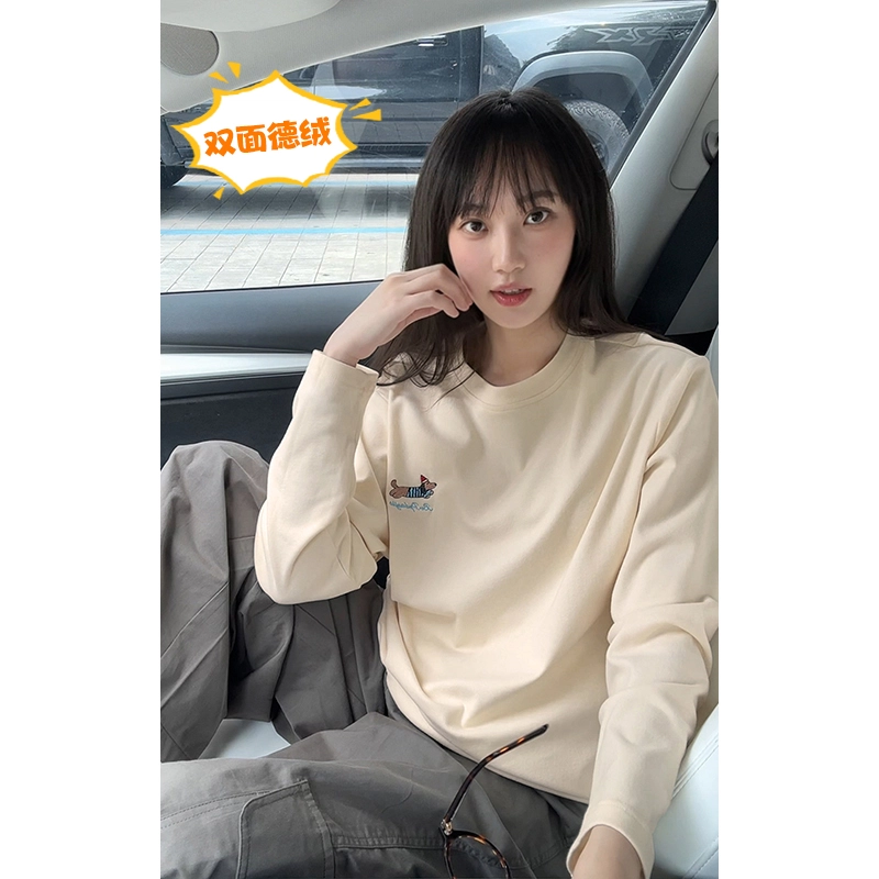 尘映 美式复古高街腊肠狗刺绣简约基础款早秋圆领宽松休闲打底衫户外潮牌百搭青少年学院风套头插肩长袖卫衣 男女同款