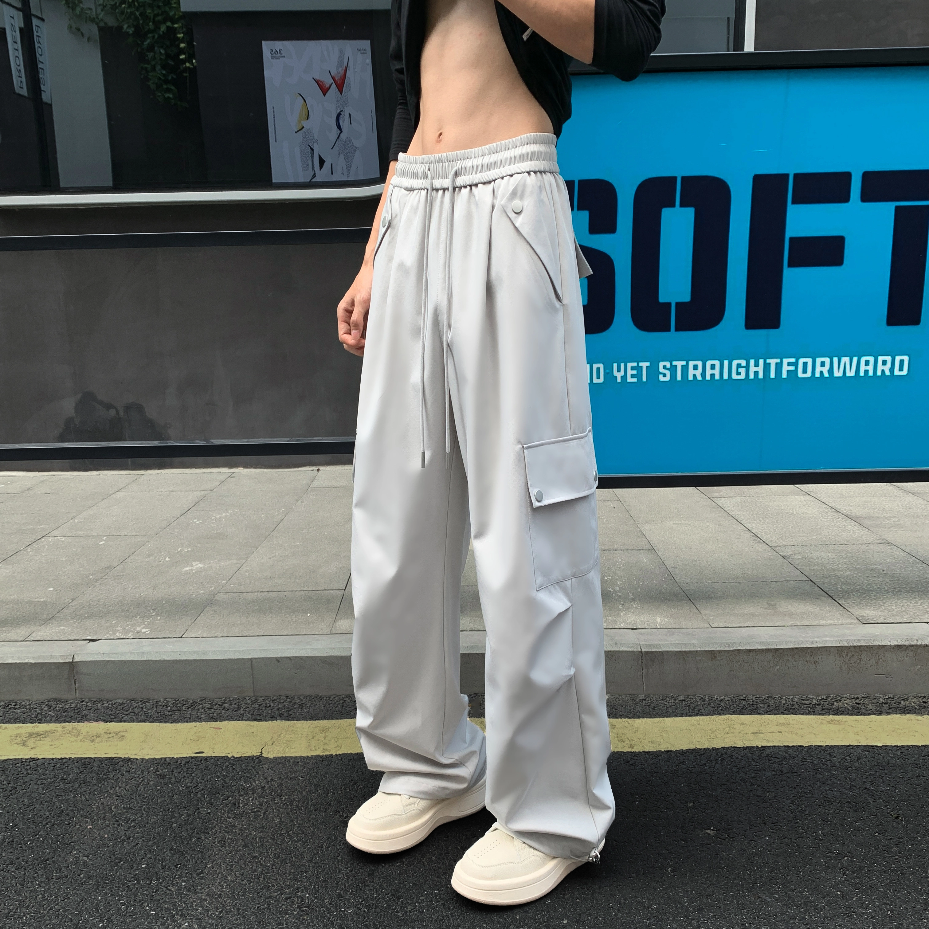 尘映 美式高街痞帅早秋常规防水伞兵裤校园穿搭直筒阔腿裤男宽松拖地裤无性别亲肤学院百搭通勤运动裤子休闲裤 男女同款