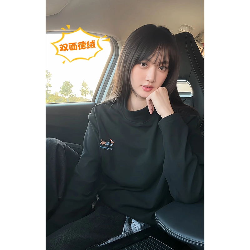 尘映 美式复古高街腊肠狗刺绣百搭打底衫简约基础款早秋圆领宽松休闲户外潮牌青少年学院风套头插肩长袖卫衣 男女同款