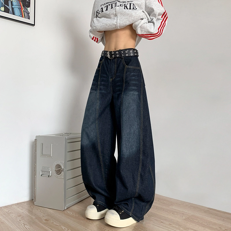 尘映 美式潮牌复古高街宽松水洗做旧阔腿牛仔裤 男女同款 深蓝色