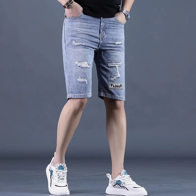 尘映 夏季薄款破洞五分马裤韩版潮弹力中裤子高端牛仔短裤 男女同款