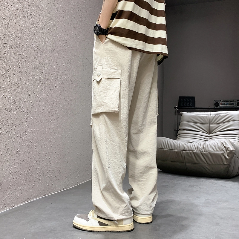 尘映 美式潮牌高街工装裤早秋校园穿搭微阔腿弹力抽绳显高百搭运动通勤长裤宽松纯色直筒裤子休闲裤 男女同款