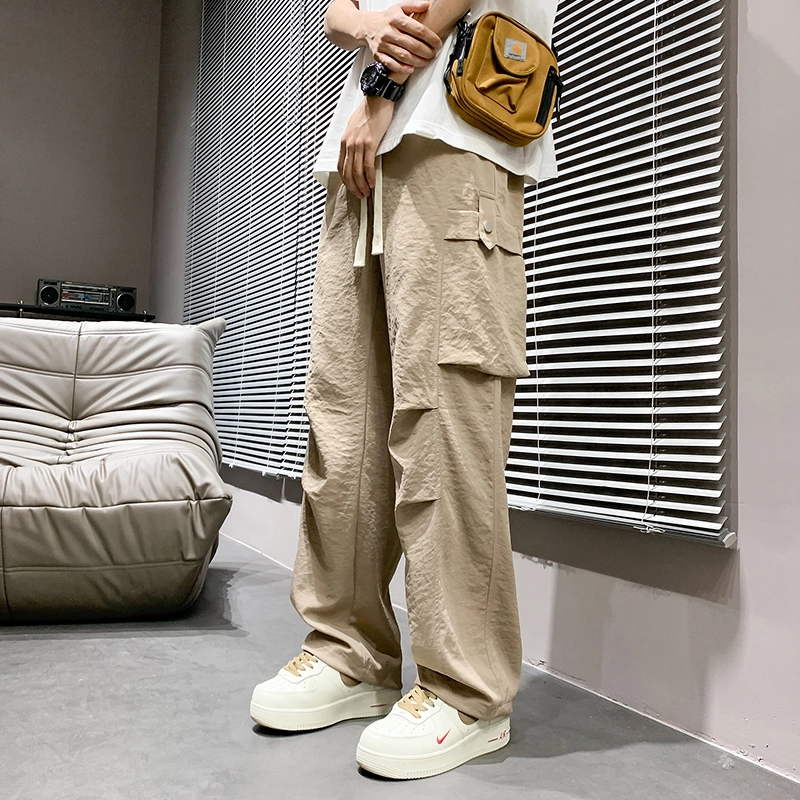 尘映 美式潮牌高街工装裤早秋校园穿搭微阔腿弹力抽绳显高百搭运动通勤长裤宽松纯色直筒裤子休闲裤 男女同款
