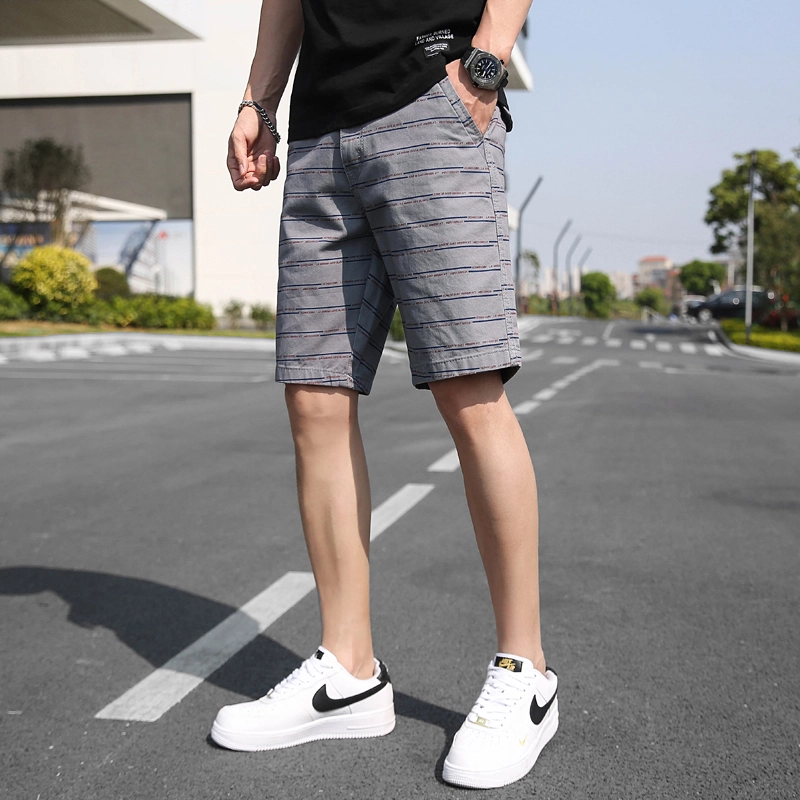 尘映 美式条纹纯棉百搭直筒夏季五分裤休闲短裤 男款