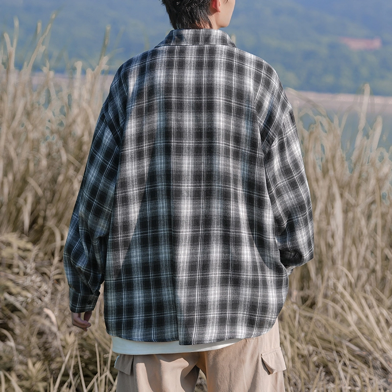 尘映 美式复古高街校园穿搭休闲宽松学生党轻薄凉感慵懒落肩翻领单排扣无性别氛围感格子百搭衬衫 男女同款