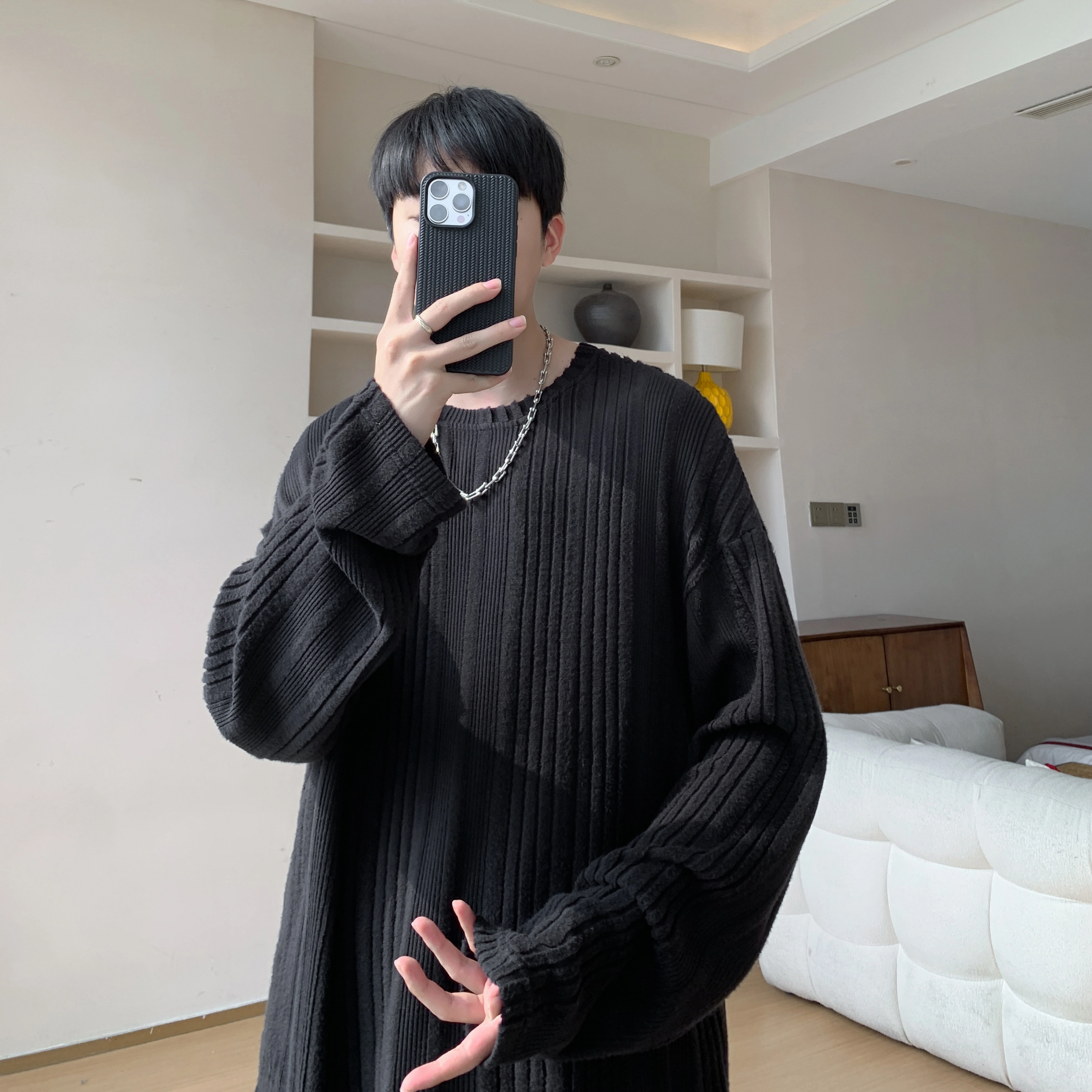 尘映 美式抓毛绒感纹理感基础款早秋圆领宽松休闲打底衫户外潮牌百搭青少年学院风套头插肩长袖卫衣 男女同款
