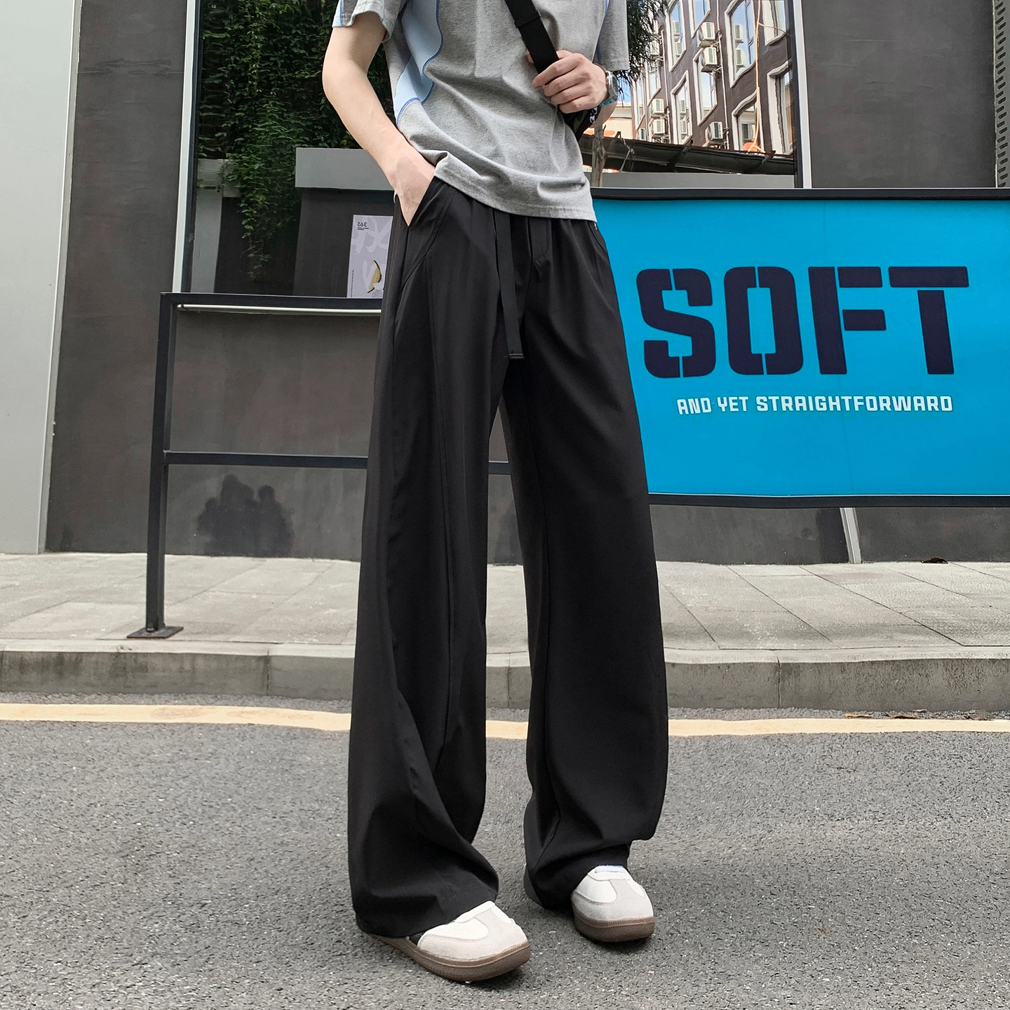 尘映 美式潮牌高街垂感情卡扣腰带百搭校园穿搭微阔腿抽绳显高运动通勤长裤宽松纯色直筒冰丝裤子休闲裤 男女同款